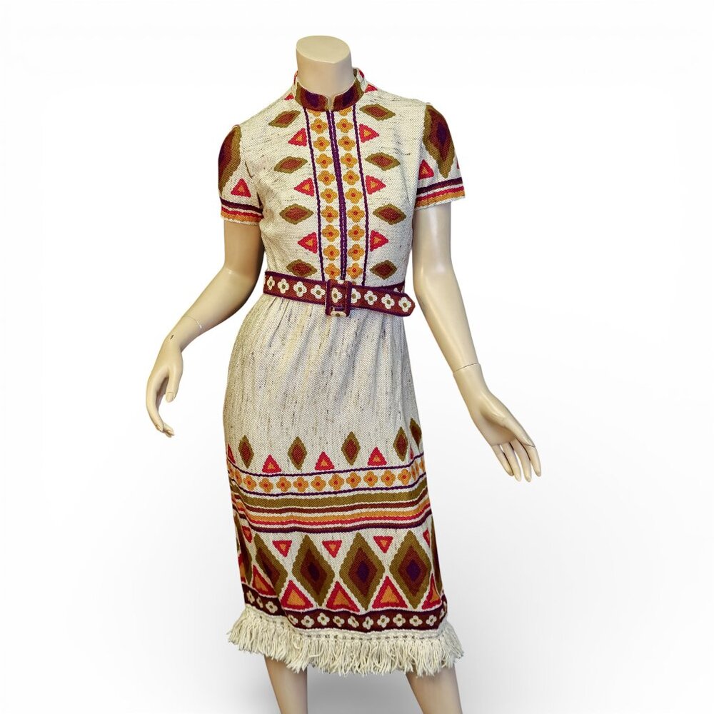 1960s Vintage Woven Graphic Dress | Size Small (Modern 4)